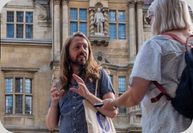 A walking tour group in a historic city